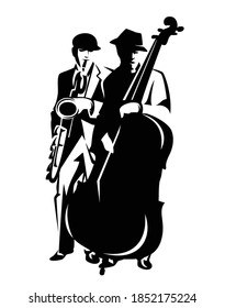 black and white vector outline design of two jazz musicians performing music playing saxophone and contrabass