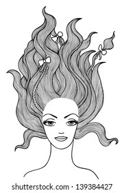 Black and white vector outline drawing of a beautiful long-haired girl