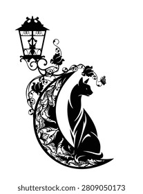 black and white vector outline of elegant cat sitting on ornate crescent moon decorated with antique style lantern, rose flowers and butterfly for sweet dreams and good night concept design