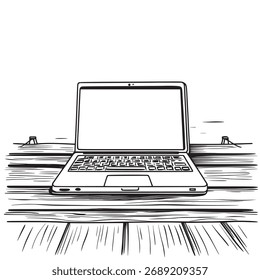 black and white vector outline illustration of laptop on a wooden dock