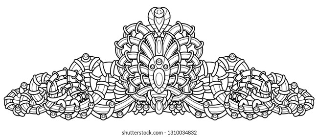 Black and white vector outline image of patterned braided tiara, for coloring and cutting
