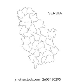 Black and white vector outline map of Serbia, showing its districts and administrative borders, suitable for educational, political, and geographic purposes