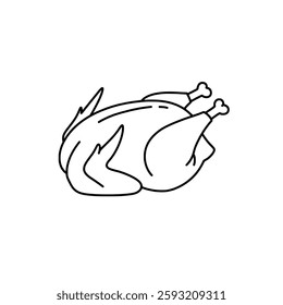 Black and white vector outline of a roasted turkey or chicken, ideal for food packaging, cooking blogs, and restaurant branding projects