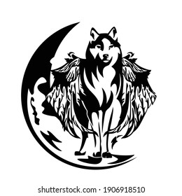 black and white vector outline of standing mythical winged wolf and crescent moon