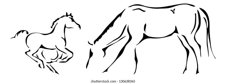 black and white vector outlines of galloping foal and mare