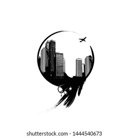 Black and white vector panorama of cityscape illustration placed in circle.