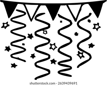 Black and White Vector Party Decoration with Banners and Streamers.