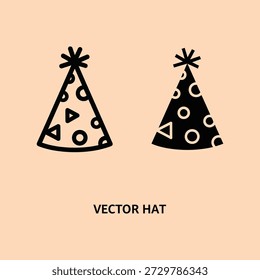 Schwarz-weiße Vektorpartyhüte mit verspielten Mustern und Sternenoberflächen minimalistisches Design auf beigem Hintergrund Feierliches Konzept Geburtstag festlicher Stil einzelne Illustration