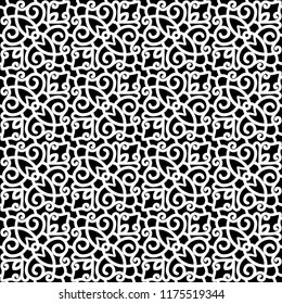 Black and white vector pattern, abstract swirly seamless ornament