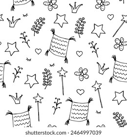 Black and white vector pattern of fairy items. Seamless background for wrapping paper, design of notebooks and covers. Drawn doodle illustrations of magic wand, stars, pillows, cute things.