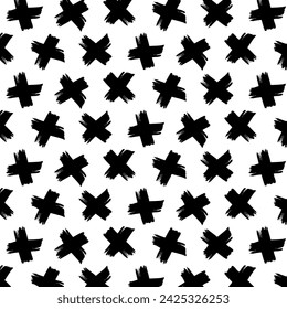 A black and white vector pattern featuring grunge crosses, with elements arranged in a chaotic and random fashion. This handcrafted design is suitable for urban-style textiles, posters, cards
