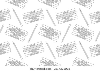 Black and white vector pattern featuring books labeled with various school subjects and pencils. Ideal for educational coloring books.