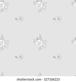 Black And White Vector Pattern of Flowers and leaves.Floral Seamless Outline Monochrome Ornament.