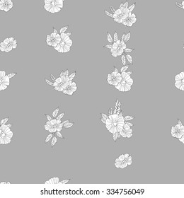 Black And White Vector Pattern of Flowers and leaves.Floral Seamless Outline Monochrome Ornament.
