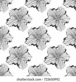 Black and white vector pattern with flowers. Seamless background for design surfaces. Ready for use in design projects