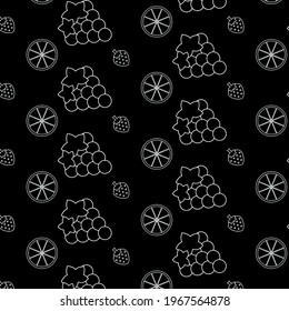 Black and white vector pattern . Fruits  .Background for business cards .Grapes , strawberries , orange .