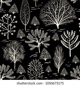 Black and white vector pattern with hand drawn contour trees. Wallpaper for smart phone cover textile web cards invitations curtains