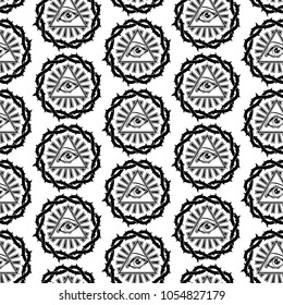 Black and white vector pattern with the image of the all-seeing eye. Masonic radiant delta