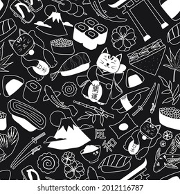 Black and white vector pattern of Japanese food, nature and other things related to Japanese culture, with japanese characters in the meaning of Japan, open luck and new era called Reiwa