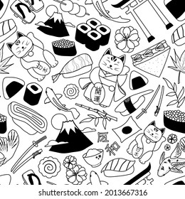 Black and white vector pattern of Japanese food, nature and other things related to Japanese culture, with japanese characters meaning Japan, open luck and new era called Reiwa