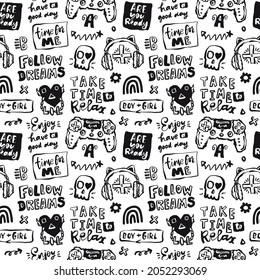 Black and white vector pattern with joystick, headphones and lettering. Background with hand-written phrases, skull and heart for a print on a T-shirt. 