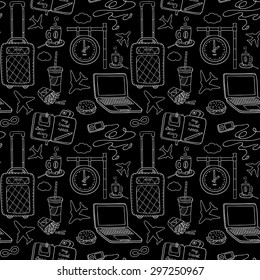 Black and white vector pattern with the necessary things for travel.