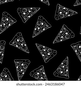Black and white vector pattern of pizza slice. Background design for restaurant, grocery store. Pizza hand drawn in doodle style, sketch. Seamless background with food.