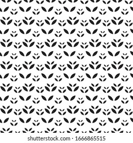 Black and white vector pattern with repetitive leaves graphic. Simple illustration pattern with nature elements.