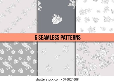 Black And White Vector Pattern Set of Flowers and leaves.Floral Seamless Outline Monochrome Ornament. 