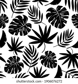 Black and white vector pattern from various leaves of tropical plants. For summer beach decor, textile printing and stationery.