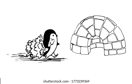 Black and white vector penguin with a Christmas tree is going to an ice igloo in a cartoon style. The cute character of a polar animal for New Year design.
