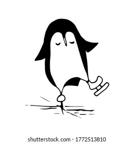 Black and white vector penguin ice skating in a cartoon style. The Cute character of a polar animal for New Year and Christmas design.