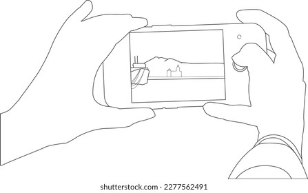 Black and white vector of a photo shoot with a mobile phone held by a woman's hands