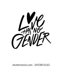 A black and white vector phrase Love has no gender. It promotes inclusivity and equality in relationships, irrespective of gender.