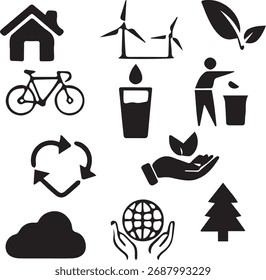 Black and white vector pictogram collection for ecology and nature icons set with silhouette symbols like recycling, tree, sun, heart, and hand