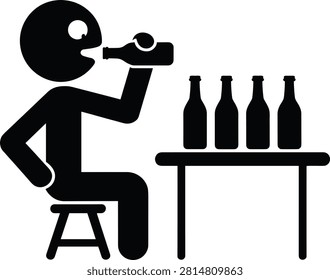 A black and white vector pictogram of a person sitting on a stool and drinking from a bottle with several other bottles lined up on a table. This minimalist graphic is ideal for illustrating themes of alcoholism, drinking habits, substance abuse, and social or health awareness campaigns.