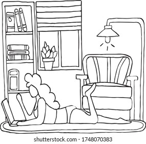 Black and white vector picture on the theme of stay at home, girl, computer, carpet, potted flower, window, lamp, armchair, books, book shelves, shirt
