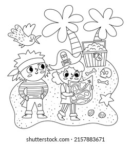 Black and white vector pirate kids with map looking for treasure chest. Cute line treasure hunt scene with children. Tropical island hunters illustration or coloring page. Funny pirate party element
