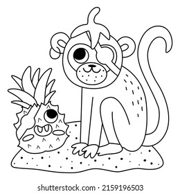 Black and white vector pirate monkey with smiling pineapple. Cute line animal and fruit illustration or coloring page. Treasure island hunter with banana skin. Funny pirate party scene for kids
