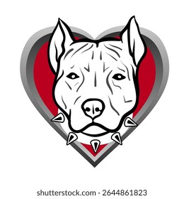 O vetor preto e branco Pitbull ou a cabeça da AmStaff se sobrepõe ao cachorro vermelho do coração tag gray metallic rim Artwork excede a borda da tag em ouvidos, picos. Elemento gráfico escalável para a identidade ou a marca forte e amorosa