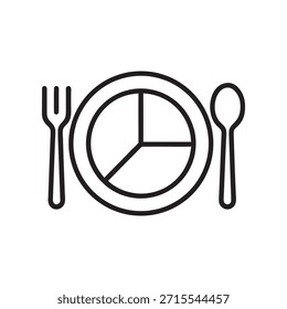 Black and white vector plate with pie chart and cutlery icon for diet and nutrition planning