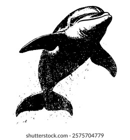 black and white vector of a playful dolphin mid-leap, featuring detailed texture and movement, perfect for marine life and oceanic-themed projects.