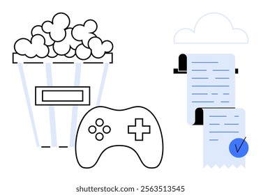 Black and white vector of a popcorn bucket, a gaming controller, and a to-do list with a cloud in minimalist style. Ideal for leisure, hobbies, productivity, organization, multimedia activities