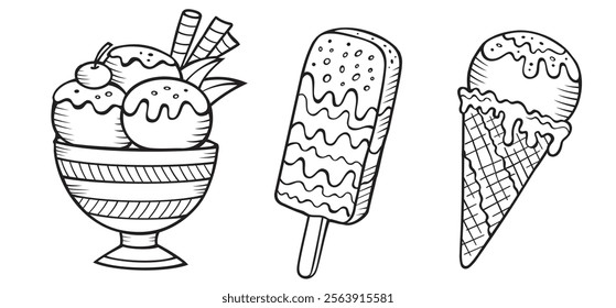 BLACK AND WHITE VECTOR POPSICLE AND ICE CREAM DRAWING