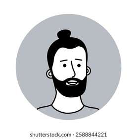 Black and white vector portrait of a bearded man with a topknot hairstyle, drawn in a minimalist style on a gray circular background. Concept of modern male avatar. Vector illustration