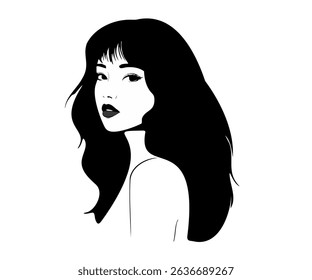 Black and white vector portrait of a beautiful young woman with long wavy dark hair looking over her shoulder. Elegant minimalist character, chic fashion illustration