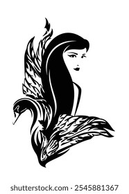 black and white vector portrait of fairy tale swan turning into beautiful woman - beauty with long hair and bird wings