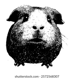 black and white vector portrait of a guinea pig, designed with hand-drawn shading and cross-hatching, capturing its detailed and lifelike features