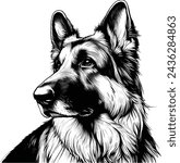 Black and White Vector Portrait Illustration of a German Shepherd Dog