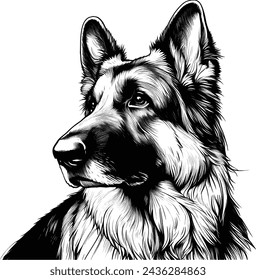 Black and White Vector Portrait Illustration of a German Shepherd Dog